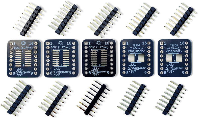 Stargazer SMD to DIP Breakout for SOIC-16, TSSOP-16, MSOP-16, and VSOP-16 with Gold Plated Headers [5 Pack]