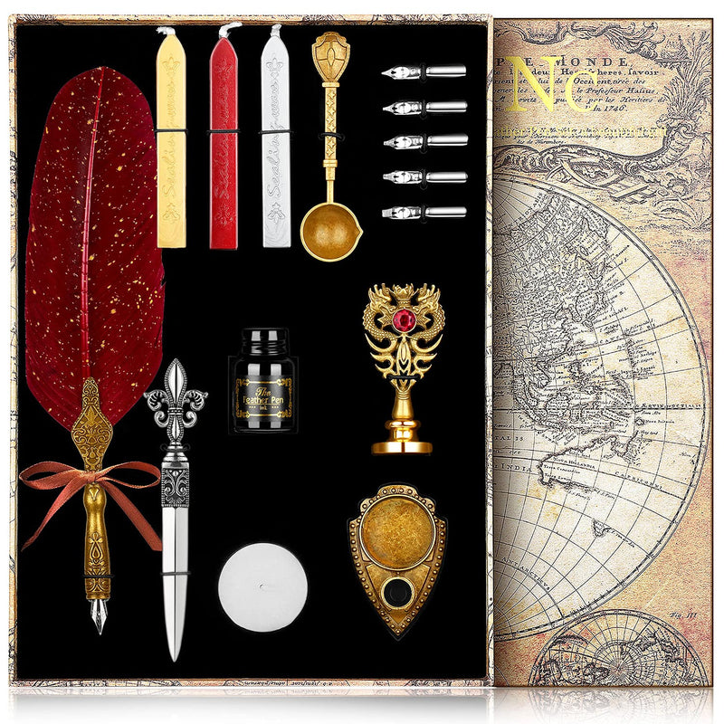 NC Upgraded Wax Seal Stamp Kit,Quill Pen Ink Set Includes Feather Dip Pen,Ink,5 Replacement Nibs,3 Wax Seal Sticks,Pen Nib Base,Seal Stamp, White Wax,Spoon,Envelope Letter Paper, Envelope Tool（Red） red
