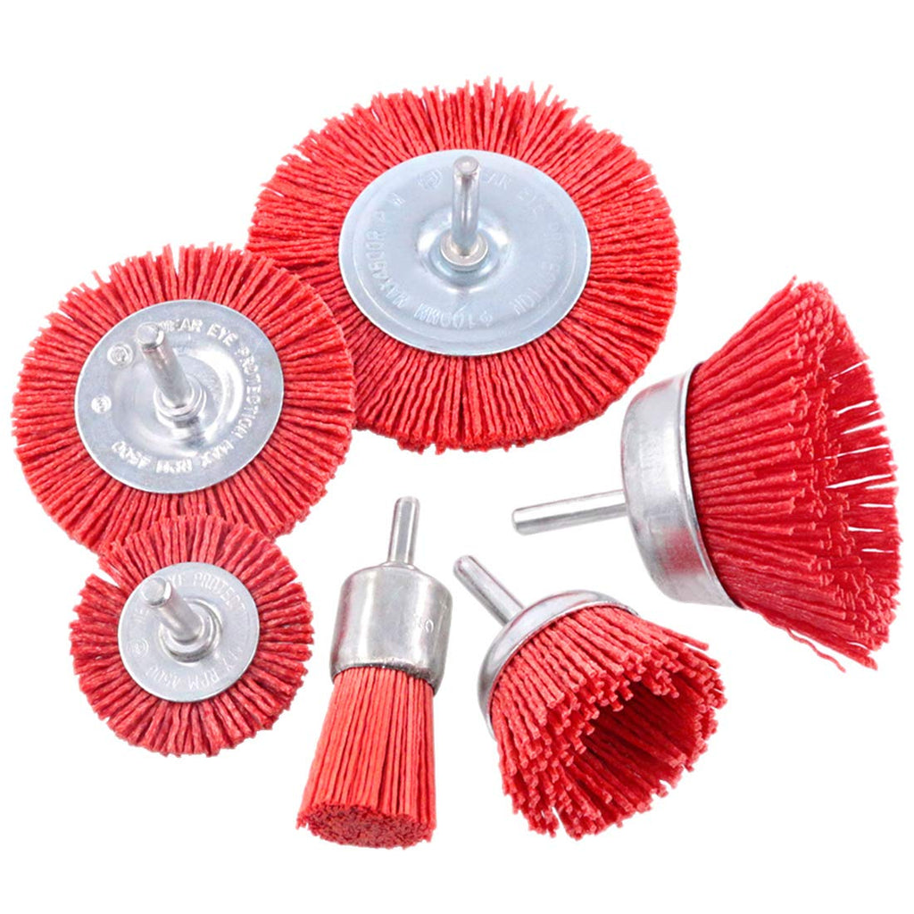 Swpeet 6Pcs Nylon Filament Abrasive Wire Brush Wheel & Cup Brush Set with 1/4 Inch Shank, 6 Sizes Nylon Drill Brush Set Perfect for Removal of Rust/Corrosion/Paint - Reduced Wire Breakage Red Assortment Kit