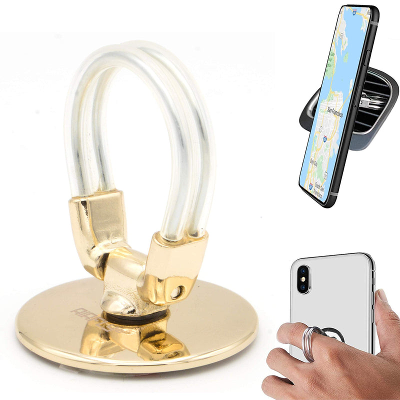 AirFly Phone Finger Ring Holder, 4 in 1, Universal Metal Phone Ring, Phone Table Stand Kickstand, Phone Car Vent Mount, Finger Grip Compatible All Smartphones, Gold