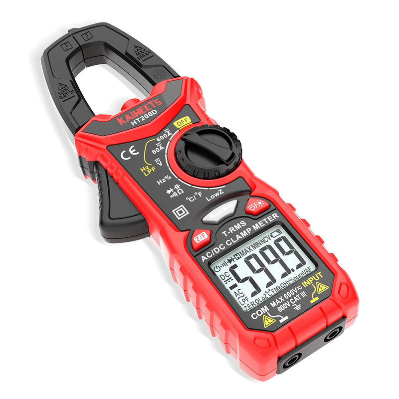 KAIWEETS HT206D Digital Clamp Meter T-RMS 6000 Counts, Multimeter Voltage Tester Auto-ranging, Measures Current Voltage Temperature Capacitance Resistance Diodes Continuity Duty-Cycle (AC/DC Current) AC/DC CURRENT