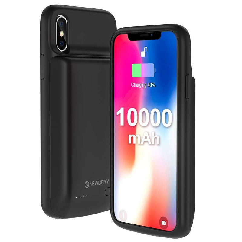 NEWDERY Battery Case for iPhone X Xs, 10000mAh Rechargeable External Charging Charger Case Compatible iPhone X Xs 10 (5.8 Inches Black) - Extended 300% Battery Life