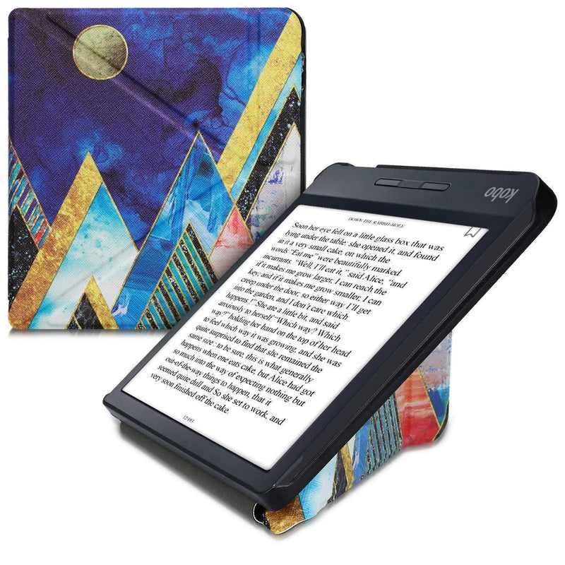 kwmobile Origami Case Compatible with Kobo Libra H2O - Case Slim Premium PU Leather Cover with Stand - Moon and Mountains Gold/Coral/Dark Blue Moon and Mountains 21-76-17