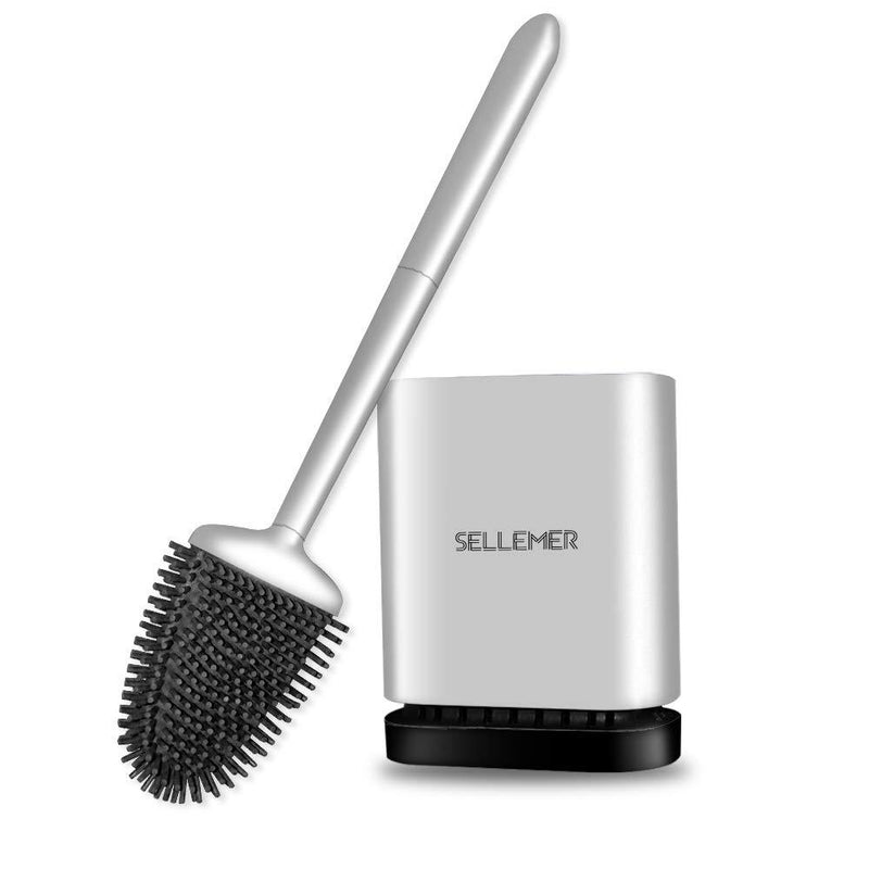 Sellemer Toilet Brush and Holder Set for Bathroom, Flexible Toilet Bowl Brush Head with Silicone Bristles, Compact Size for Storage and Organization, Ventilation Slots Base (Silver) Silver