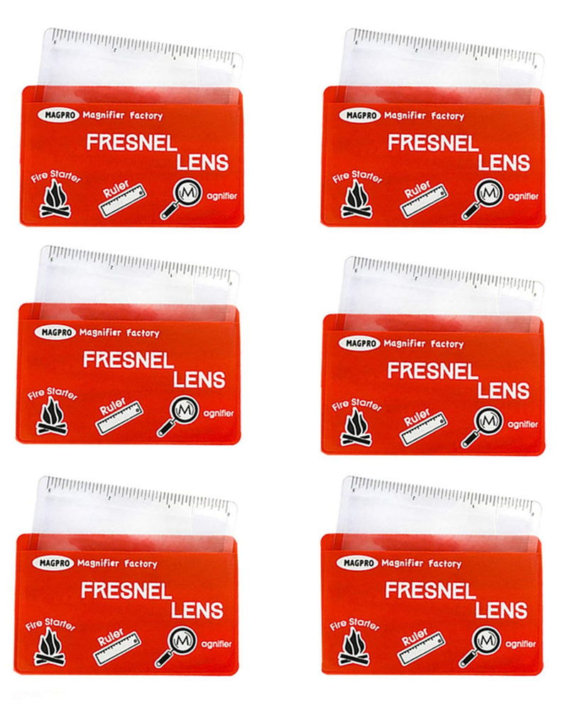 MagDepo 6 Pack Credit Card Size Magnifier Ruler Fresnel Lens Fire Starter Compact Plastic Magnifying Glass Wallet Pocket Magnifier for Reading Small Print, Maps, and Books -Red Red