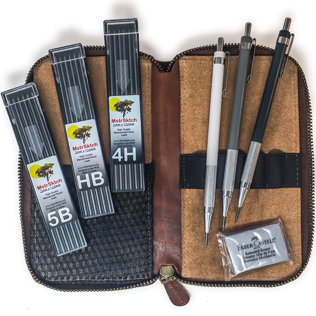 MstrSktch Drawing Mechanical Pencils for Artists - 9pc Leather Set