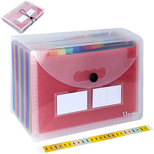 Uquelic 24 Pockets Expanding File Folder - Clear Poly Rainbow Expandable Document Storage Organizer A4 Letter Size Accordion A-Z Filling Box Concertina Wallet