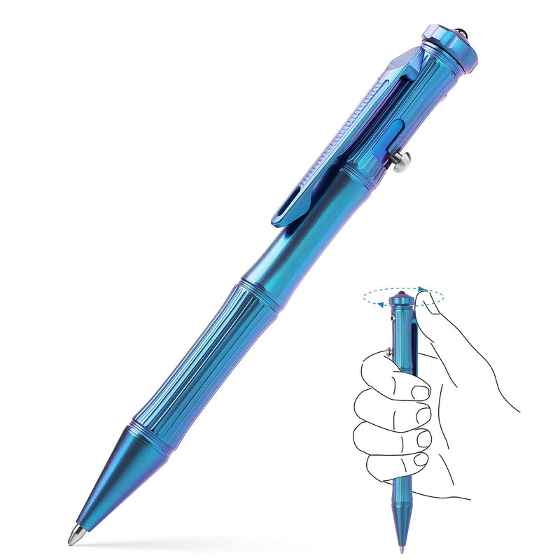 TISUR EDC Pen -Titanium Metal Bolt-Action Pen - Novelty Tactical Pocket Pens with Clip | Glass Breaker Tool | Spinner Bearing on top (Blue) Blue