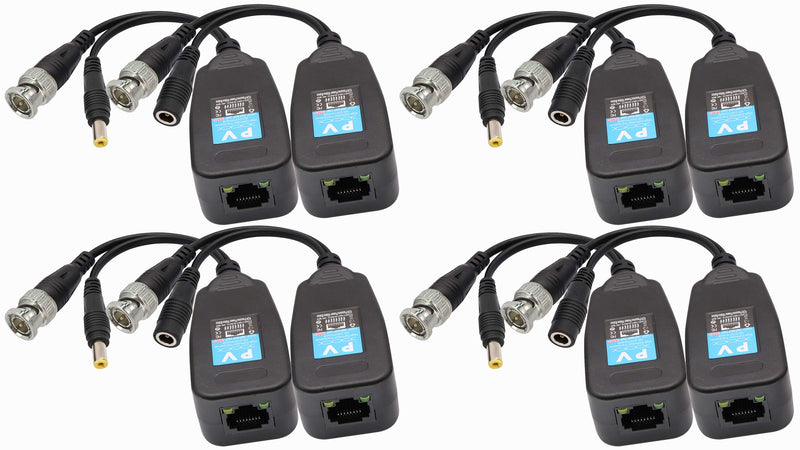 AAOTOKK Video Balun RJ45 to BNC Transceiver Transmitter HD-CVI/TVI/AHD/CVBS with DC Power Connector for 1080P 3MP 4MP 5MP 8MP CCTV Security DVR Surveillance Camera System (4Pairs) 4Pairs