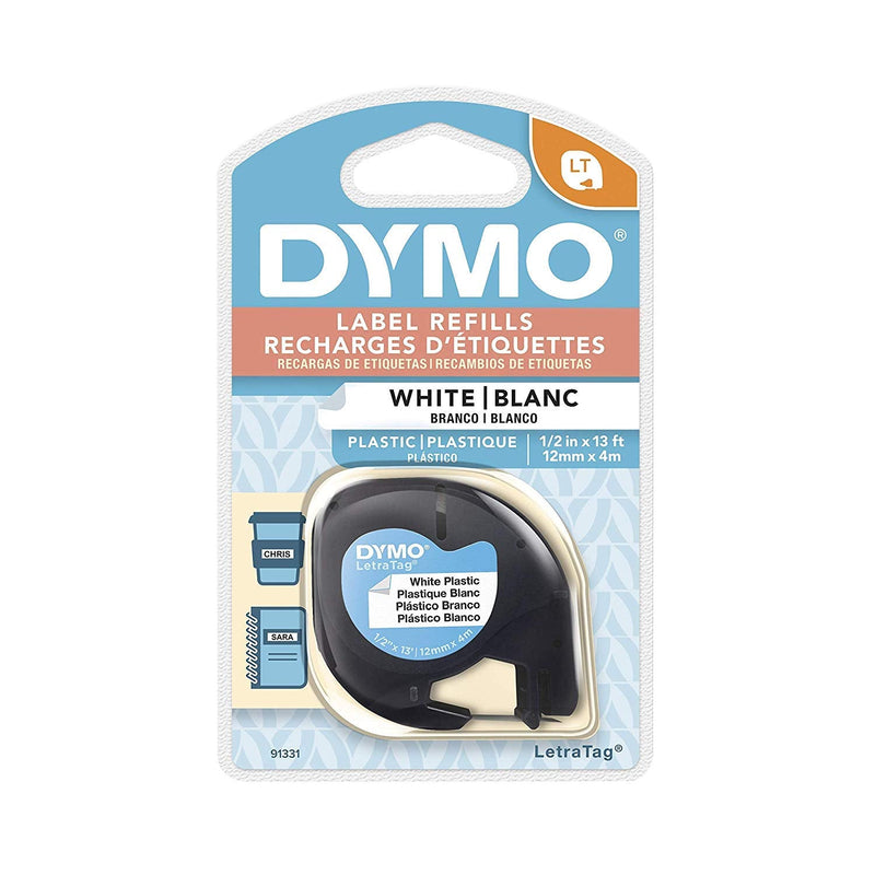 DYMO 91331 LetraTag Labeling Tape for LetraTag Label Makers, Black Print on White Plastic Tape, 1/2'' W x 13' L, 1 Roll, Pack of 8