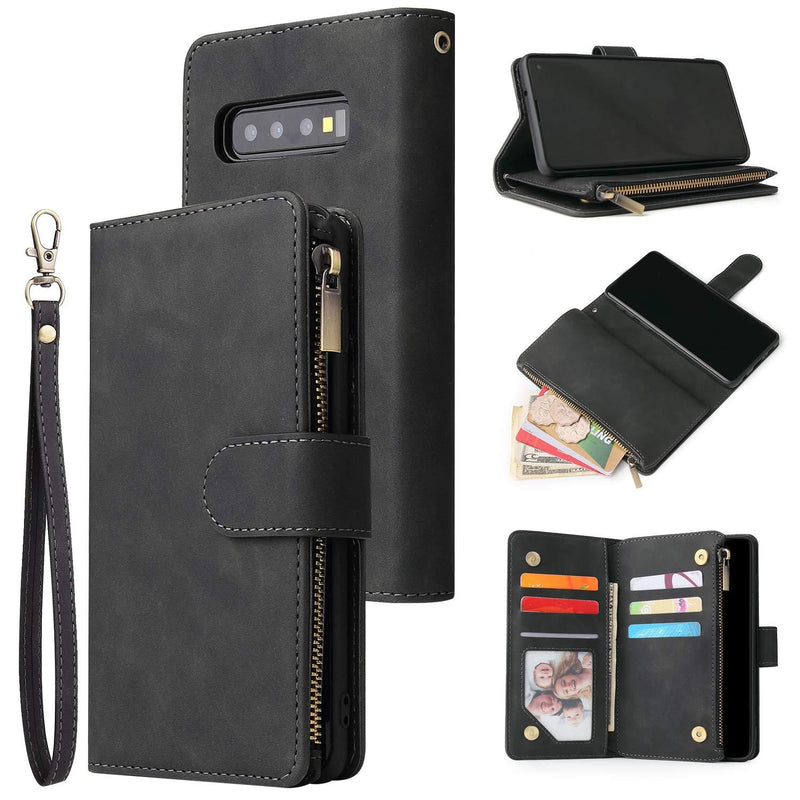 UEEBAI Wallet Case for Samsung Galaxy S8, Premium Vintage PU Leather Magnetic Closure Handbag Zipper Pocket Case Kickstand Card Holder Slots with Wrist Strap TPU Shockproof Flip Cover - Black
