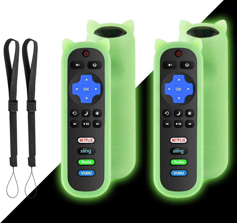 Bedycoon 2 Pack Green Glow Protective Remote Case for TCL Roku TV RC280 RC282 Remote,Shock Proof Silicone Universal Remote Controller Cover, Cute Cat Ear Shape,with Wrist Strap Anti-Lost 2 green glow in dark