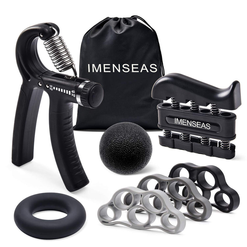 IMENSEAS Hand Grip Strengthener 7 Pack Adjustable Hand Gripper, Finger Stretcher Resistance Extensor Bands, Finger Exerciser, Grip Strength Ring & Stress Relief Ball for Athletes & Musicians Black