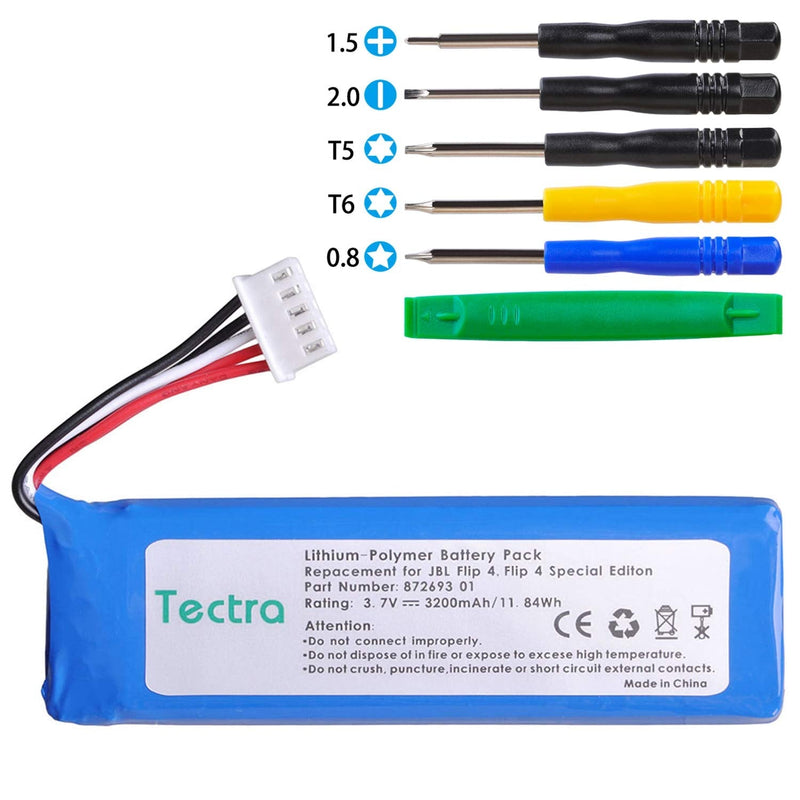Tectra Li-Polymer Replacement Battery + Tools for JBL Flip 4, Flip 4 Special Edition, Fits for JBL GSP872693 01 (3.70V 3200mAh/11.84Wh)