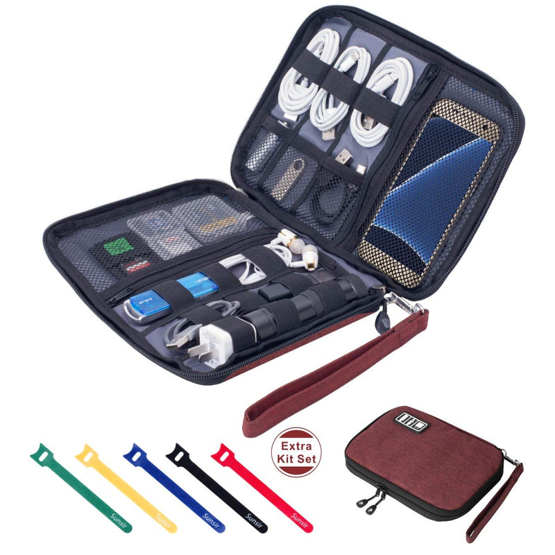 Travel Cable Organizer Bag Waterproof Portable Electronic Organizer for USB Cable Cord Phone Charger Headset Wire SD Card,5pcs Cable Ties Red
