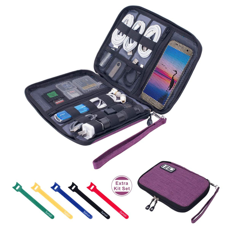 Travel Cable Organizer Bag Waterproof Portable Electronic Organizer for USB Cable Cord Phone Charger Headset Wire SD Card,5pcs Cable Ties Violet