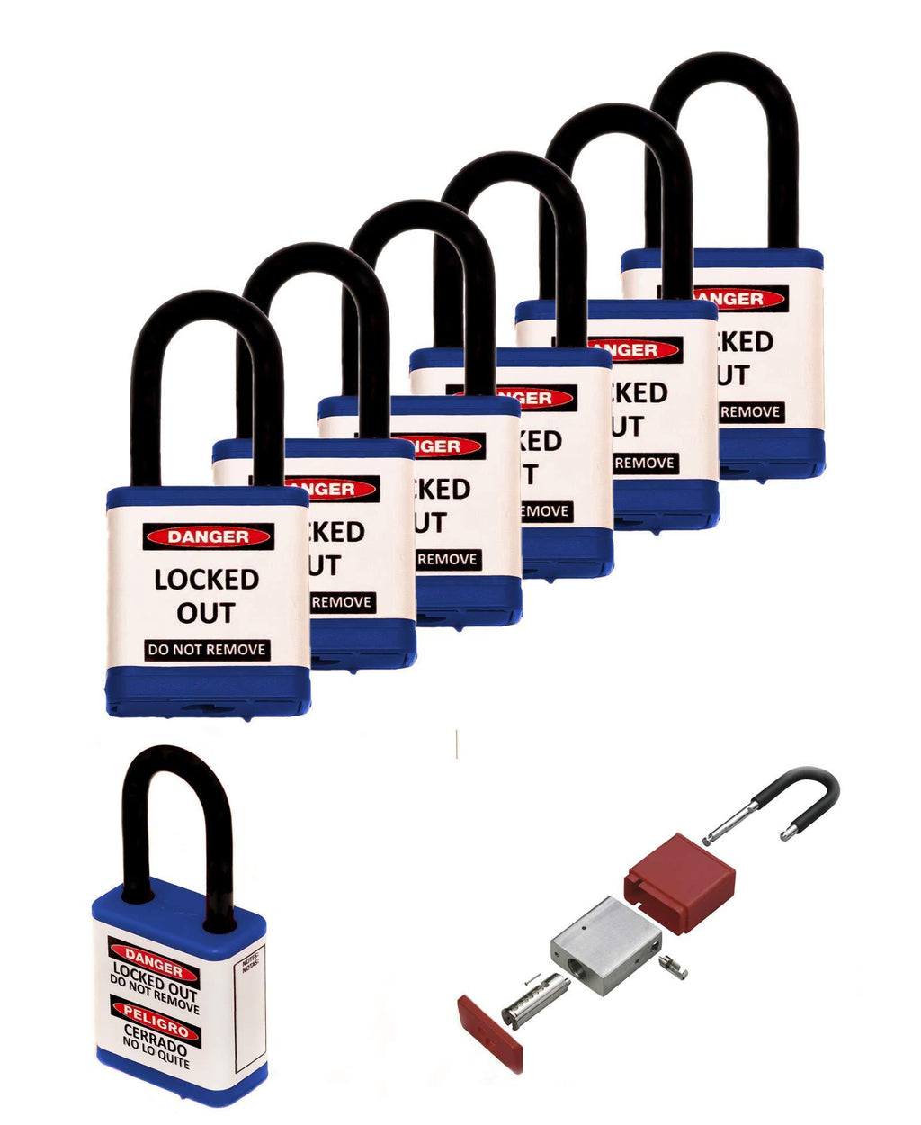 Zing Safety Padlock, Keyed Alike, Blue, 1.5" Shackle, 6-Pack