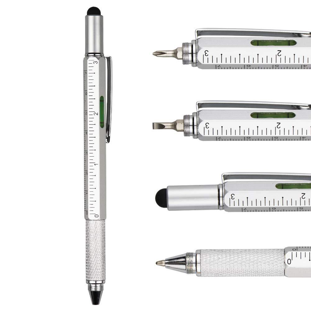 DunBong Metal Multi tool Pen 6-in-1 Stylus Pen - With Screwdriver, Phillips Screwdriver, Flathead Bit Slotted Screwdriver, Ballpoint Pen Black ink, Stylus pen, Bubble Level and Ruler (Silver) 银色