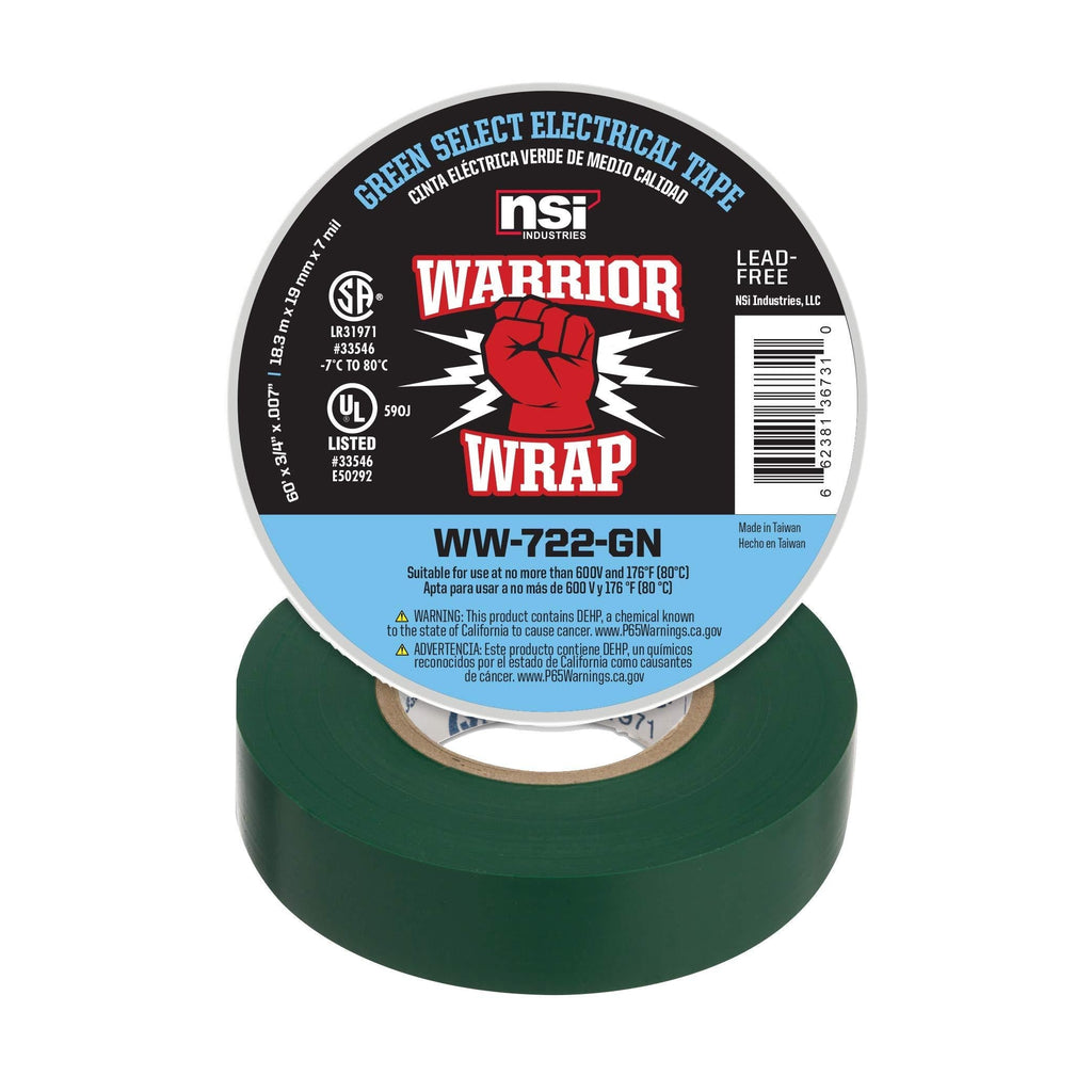 NSi Industries WarriorWrap Select 3/4 in. x 60 ft. 7 mil Vinyl Electrical Tape, Green (WW-722-GN)