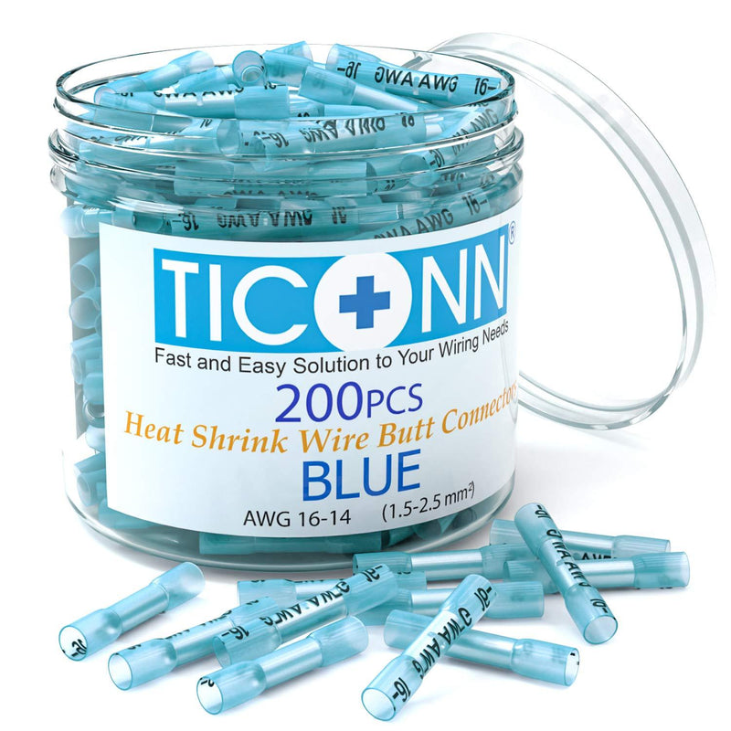 TICONN 200PCS AWG 16–14 Heat Shrink Butt Connectors Kit, Insulated Waterproof Electrical Marine Automotive Wire Crimp Terminals, Butt Splice (Blue200PCS) Blue200PCS