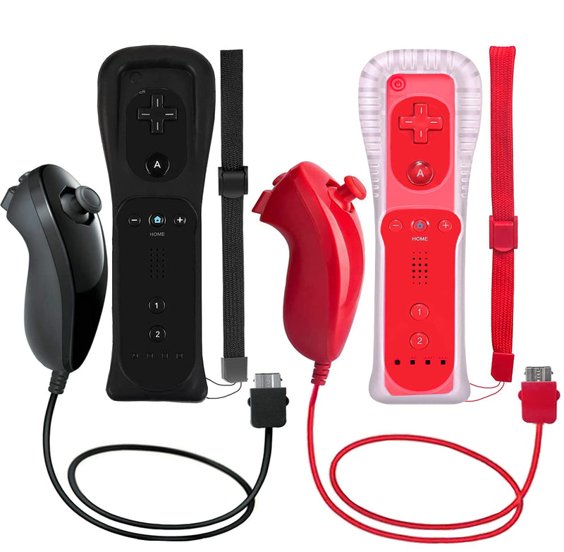 ZeroStory 2 Packs Wireless Controller and Nunchuck for Wii and Wii U Console, Gamepad with Silicone Case and Wrist Strap (Black and Red) Black and Red