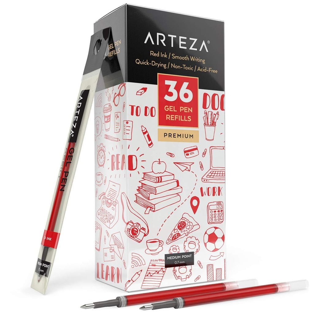 Arteza Gel Pen Refills, Pack of 36 Red Roller Ball Gel Ink Pen Refills, Quick-Drying, Nontoxic, Fine Point, Office Supplies for Writing, Taking Notes & Sketching Pack 36 (Refills)