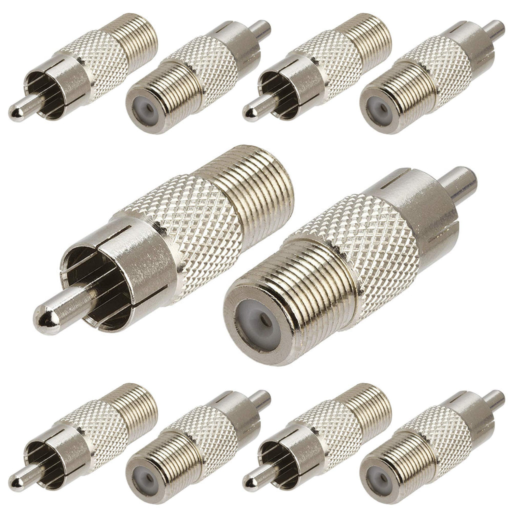 Cmple - (10 Pack) RCA Male to F-Type Female Adapter Coupler Coax Cable M/F Connector, RCA Male to F Female Coax Audio Adapter - Chrome, Pack of 10 10 Pack F Jack to RCA Plug