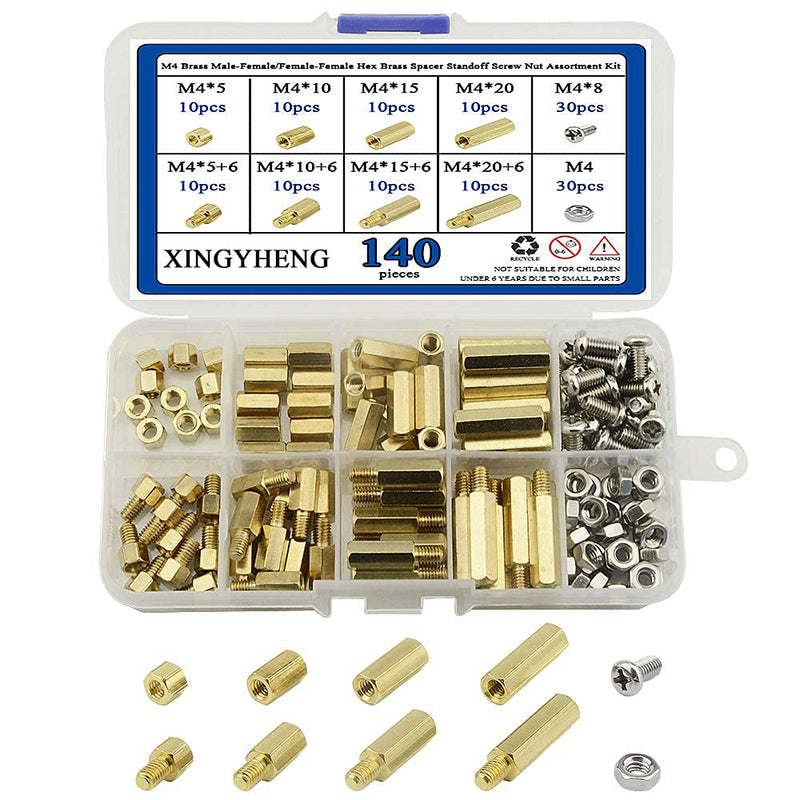 XINGYHENG 140pcs M4 Brass Male-Female / Female-Female Hex Brass Spacer Standoff Screw Nut Assortment Kit and stainless steel Screw Nut Set (Brass M4)
