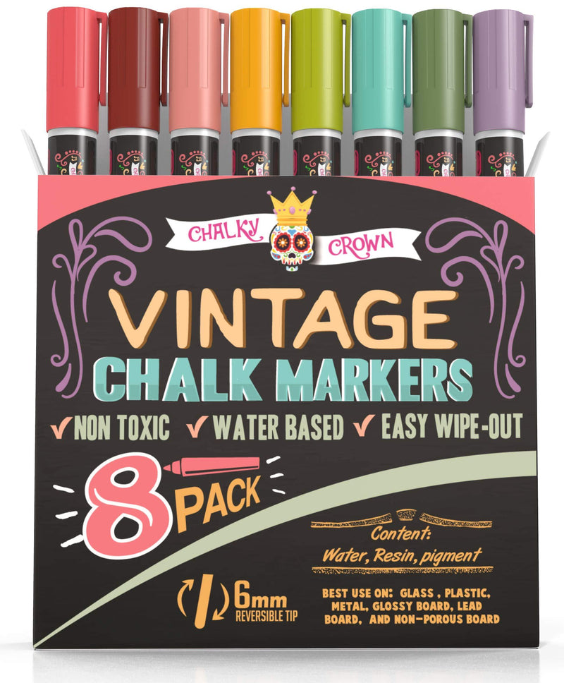 Liquid Chalk Markers - Dry Erase Marker Pens - Chalk Markers for Chalkboards, Signs, Windows, Blackboard, Glass - Reversible Tip (8 Pack) - 24 Chalkboard Labels Included (Vintage, 6mm)