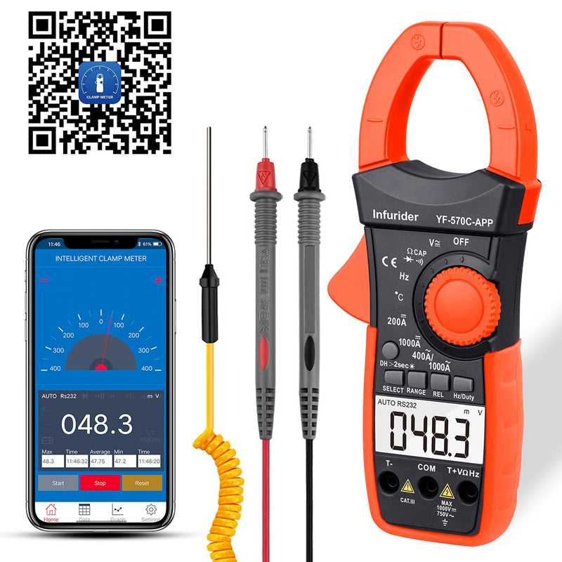 Digital Clamp Meter 570CAPP 4000 Counts Auto-ranging AC DC Volt Current Multimeter for Accurate Measure Voltage,Amp,Resistance,Capacitance,Temperature,Continuity with APP via Bluetooth 1.YF-570C-APP AC DC Current Clamp with BT