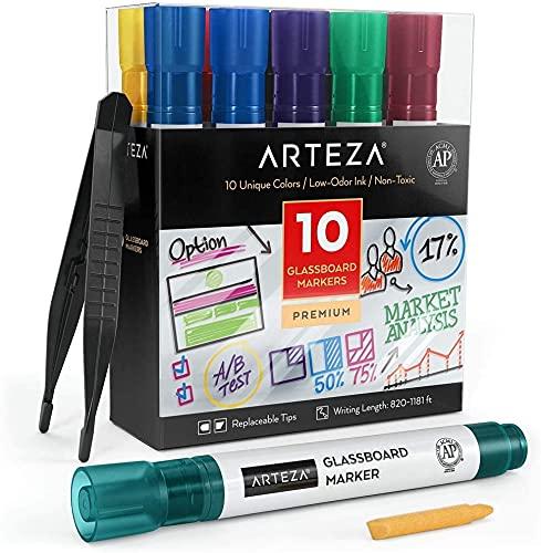 Arteza Dry Erase Markers for Glass Boards Pack of 10 Unique Colors with Low-Odor Ink, Erasable Window Markers, Office Supplies for Glass, Mirrors, Whiteboards and Non-Porous Surfaces Pack 10 Multicolored