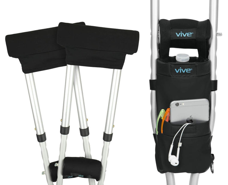 Vive Crutch Pad and Bag Set - Underarm Padding, Hand Grips and Pouch for Crutches - Soft Padded Handles and Universal Accessories for Men, Women and Kids - Lightweight Carry On with Storage Pockets Black