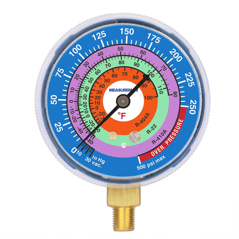 MEASUREMAN Refrigeration Pressure Gauge, 2-3/4" Dial, Blue Dial, 1/8" NPT Lower Mount, 30inHg-0-250psi, 250-500psi Retarded Range, R-404A, R-22, R-410A, Degree F, Adjustable Pointer 2-3/4 inch（30inHg-0-250psi）