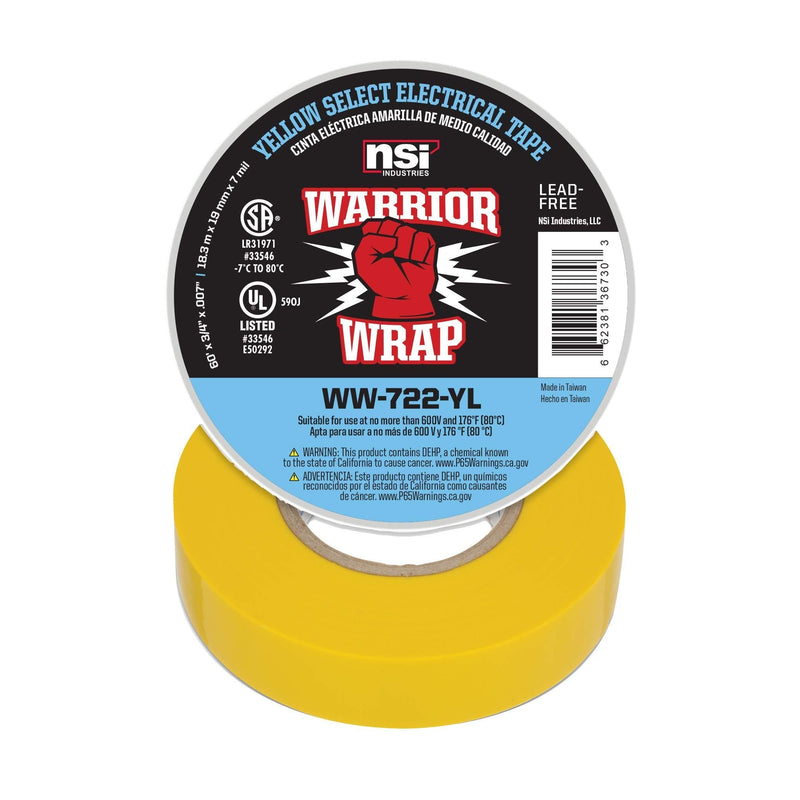 NSi Industries WarriorWrap Select 3/4 in. x 60 ft. 7 mil Vinyl Electrical Tape, Yellow (WW-722-YL)