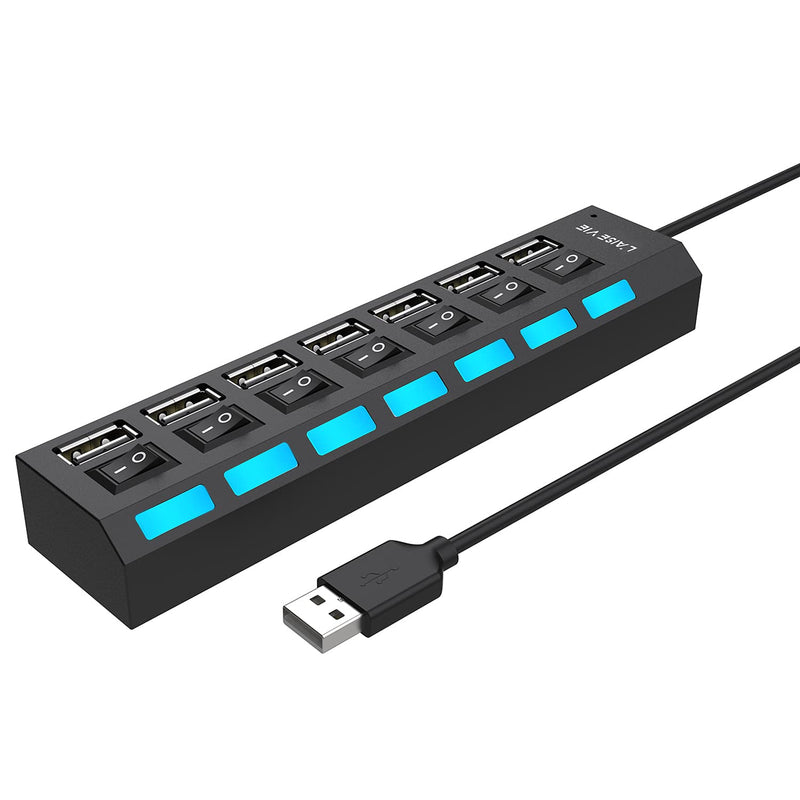 Multi Port USB Splitter, 7 in 1 USB 2.0 Hub with High Speed Individual ON/Off Switches with LEDs
