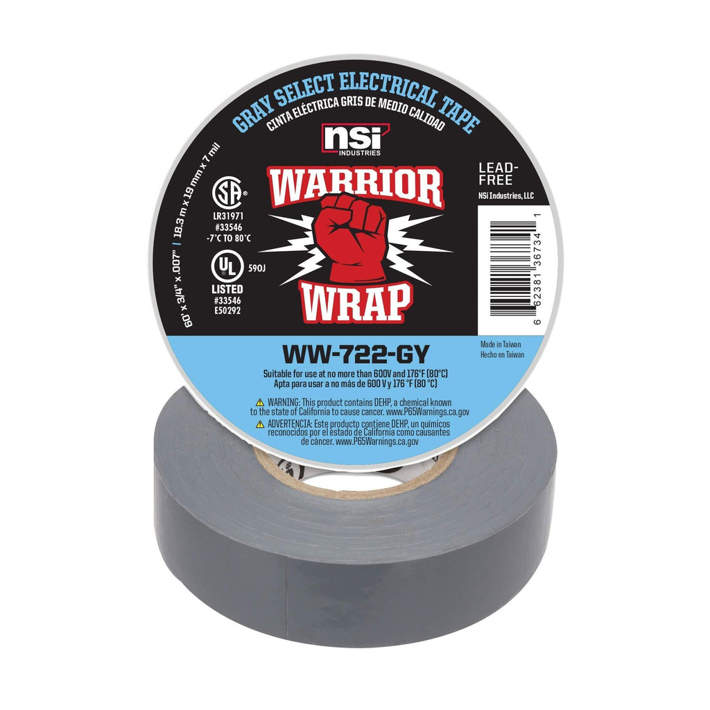 NSi Industries WarriorWrap Select 3/4 in. x 60 ft. 7 mil Vinyl Electrical Tape, Gray (WW-722-GY)