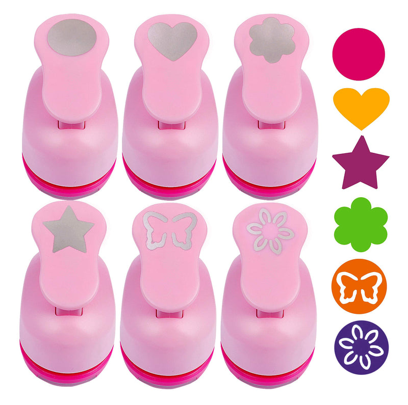 BearBoss 6 Pcs Paper Punch, 1 Inch Craft Hole Punch Handmade Hole Scrapbooking Punches, Different Shape Crafting Designs for Kindergarten Teacher Office Supplies Pink 6 Different Shapes