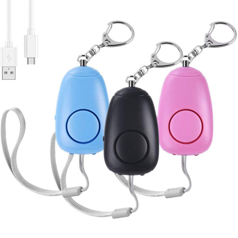 (Upgraded New Version) Safe Sound Personal Alarm, Rechargeable Emergency 130db Security Alarm Keychain Siren Song with 2 LED Lights, for Women, Men, Children, Elderly (3 Pack) Mix Color