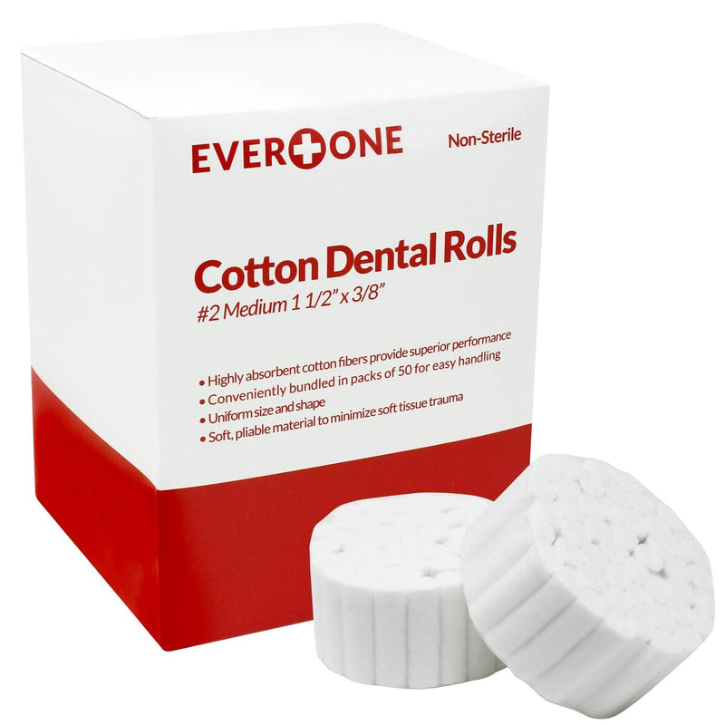 EverOne 1.5" Dental Cotton Rolls No. 2 Medium 100% High Absorbent Cotton, Case of 20 X 50, 1000 Count 50 Count (Pack of 20)