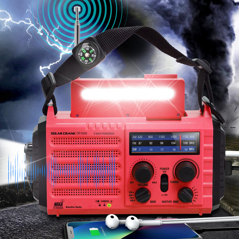 Portable Emergency Radio Hand Crank Solar AM/FM/SW/NOAA Weather Alert Radio 5000 Rechargeable with USB Charger, Flashlight, Reading Lamp, SOS Alarm, Headphone Jack, Survival Camping Gear Red