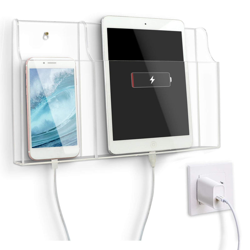 VANCORE Clear Wall Mounted Phone Holder Stand Remote Control Holder Media Organizer Caddy with Holes for Charging Phone Tablet Holder Station Large Enough New-2 Slots