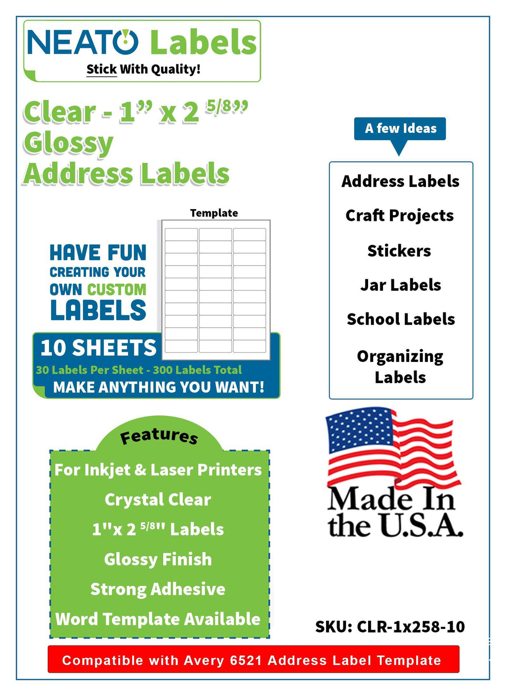 Clear Address Labels - Printable, Glossy, 1" x 2 5/8" Labels Used for Mailing & Organizing - 30 Per Sheet- 300 Total Tear Resistant, Personalized Print Envelope Labels for Inkjet & Laser Printers