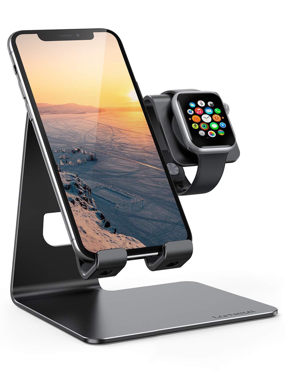 Stand for Apple Watch Phone Holder 2 in 1 : Lamicall Desktop Stand Holder Charging Station Dock Compatible with Apple Watch SE Series 6/5/4/3/2/1, and Phone 12 Pro 11 Mini XS Max X XR 8 7 6s Plus SE Black