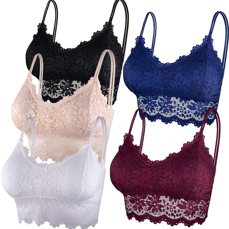 Duufin 5 Pcs Lace Bralettes for Women Bralette Padded Lace Bandeau Bra Small-Medium Red，blue， Black, Beige, White