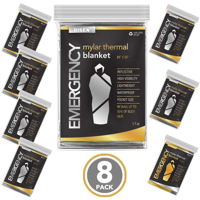 RISEN Emergency Foil Mylar Thermal Blankets - Retains 90% of Body Heat, High Reflective Space Safety Blanket - Ideal Supply for Survival, Outdoors, Camping, Hiking, Marathons or First Aid 7 Silver 1 Gold