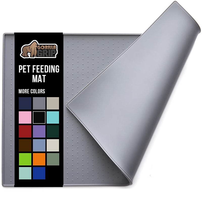 Gorilla Grip Silicone Pet Feeding Mat, Waterproof, Raised Edges to Prevent Spills, Easy Clean Dogs and Cats Slip Resistant Placemat Tray to Stop Food and Water Bowl Messes on Floor 18.5" x 11.5" Gray