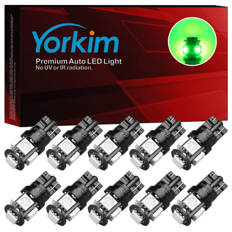 Yorkim 194 LED Bulbs Green Super Bright Newest 5th Generation, T10 LED Bulbs, 168 LED Bulb, LED Bulbs for Car Interior Dome Map Door Courtesy License Plate Lights W5W 2825, Pack of 10