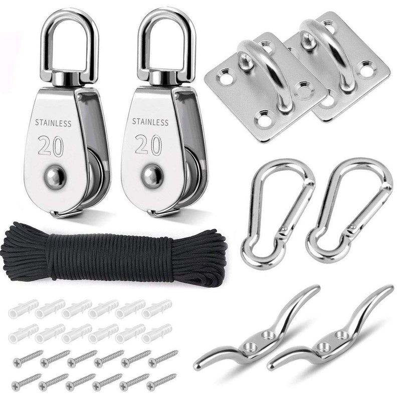 TooTaci Pulley System Set,Pulley Block with Rope and Hooks,Pulley and Rope Kit for Lifting,304 Stainless Steel M20 Single Pulley Wheels,with 20M/4mm Nylon Rope,Hooks,Eye Pad Plate,Cleat Hooks