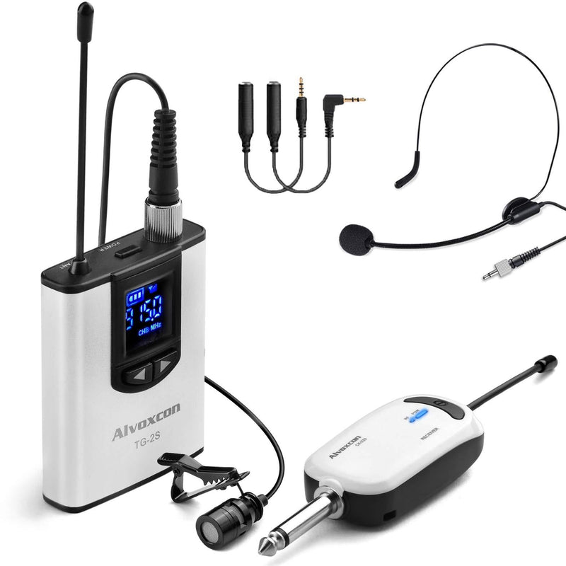 Wireless Headset Lavalier Microphone System -Alvoxcon Wireless Lapel Mic Best for IPhone, DSLR Camera, PA Speaker, Youtube, Podcast, Video Recording, Conference, Vlogging, Church, Interview, Teaching Single Mic Silver
