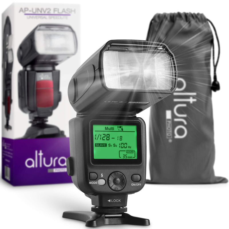 Camera Flash W/LCD Display for DSLR & Mirrorless Cameras, External Flash Featuring a Standard Hot Flash Shoe, Universal Camera Flash for Canon, Sony, Nikon, Panasonic and Other Cameras with Pouch AP-UNV2 Flash